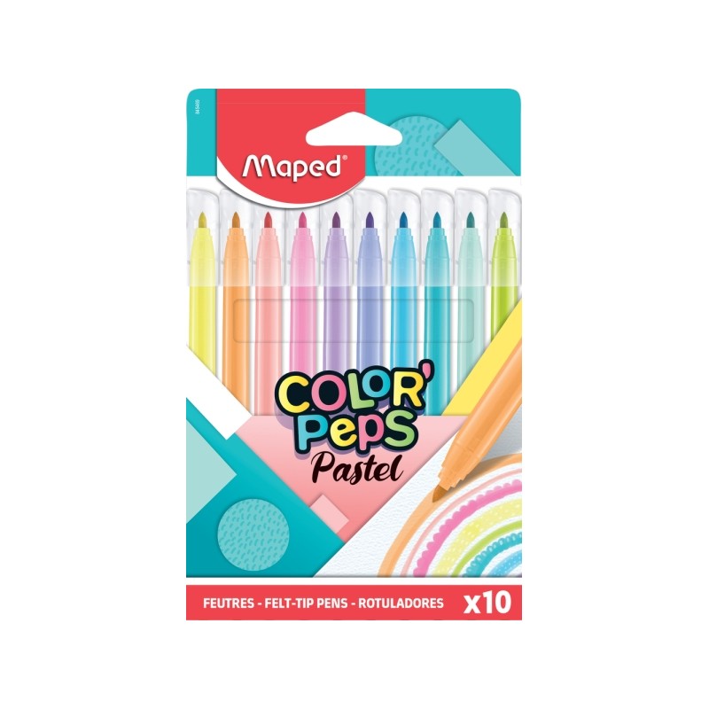 Maped Color'Peps Pastel confezione da 10 penne a punta media bloccata da 2.8 mm - Inchiostro lavabile - Colori pastello 