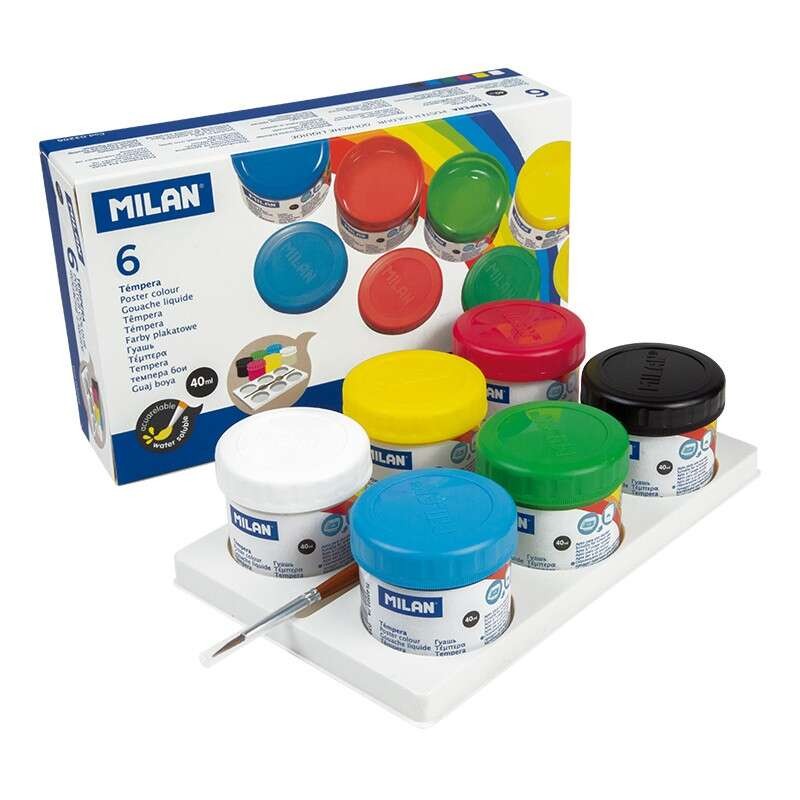 Milano Confezione da 6 flaconi di tempera 40ml + 1 pennello Serie 101 - Asciugatura rapida - Miscelabile - Colori assort
