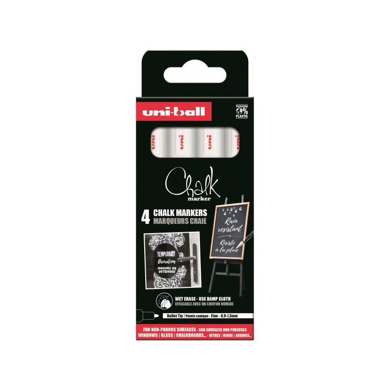 Uni-ball Chalk PWE-5M Confezione da 4 pennarelli a gesso liquido - punta conica 1.8-2.5 mm - cancellabili - resistenti a