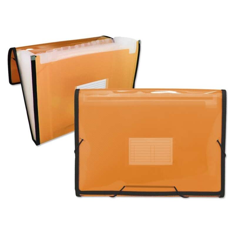 Cartella Ingraf a soffietto 13 tasche formato A4 - Polipropilene traslucido - Bande e lembi di gomma - Colore arancione