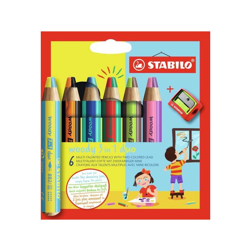 Stabilo Woody 3 in 1 Duo Confezione da 6 matite colorate + temperamatite - 2 colori XXL 10mm - Matita colorata. cera per