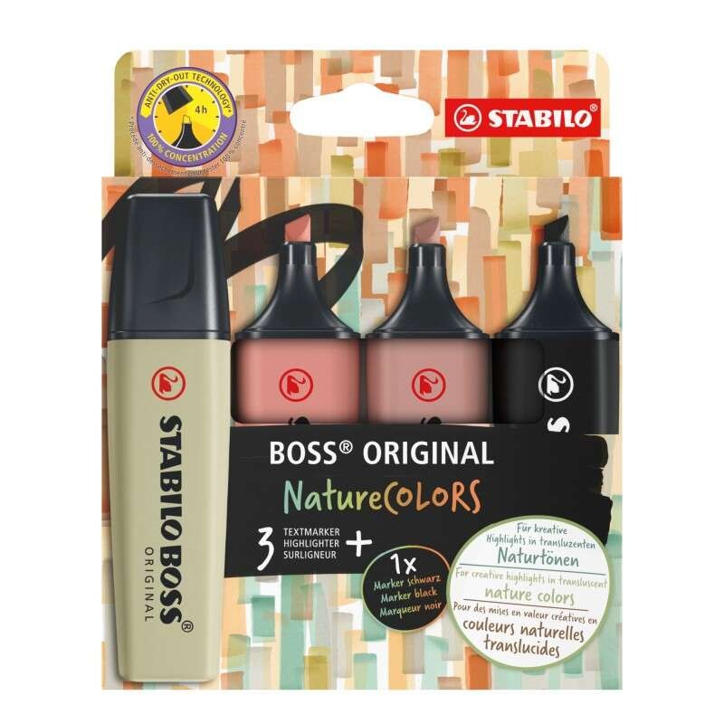 Stabilo Boss Naturecolors Confezione da 4 pennarelli - da 2 a 5 mm - Inchiostro a base d'acqua - Colori nero. ocra scuro