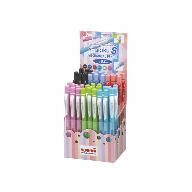Uni-ball Shalaku S M7-228 Display di 48 matite meccaniche da 0.7 mm - 2 mire HB - Gomma inclusa - Fusto di colori assort