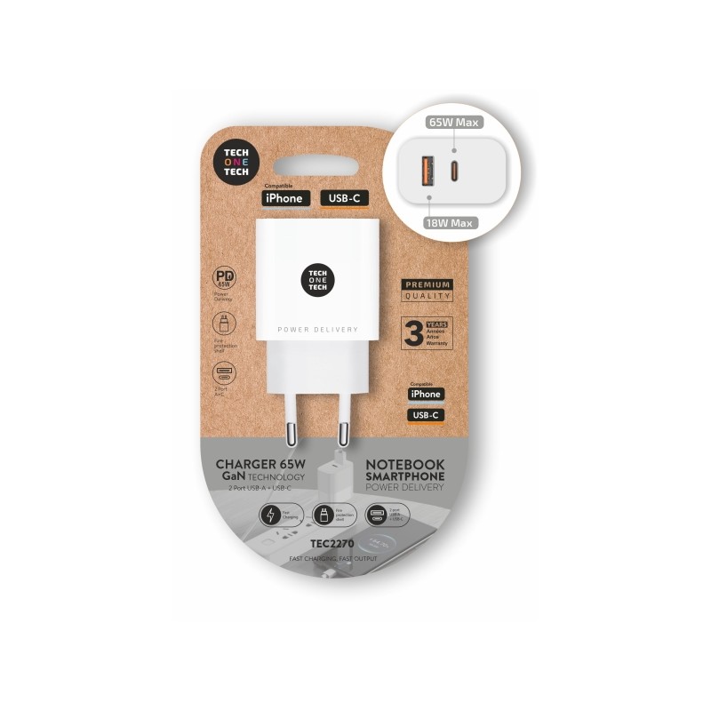 Caricabatterie da parete TechOneTech PD 65W con 1 porta USB-C + 1 porta USB-A