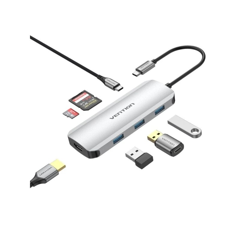 Vention Docking Station 7 in 1 da USB-C a HDMI 4K/3xUSB3.0/SD/TF/PD100W - 0.15 m - Colore grigio