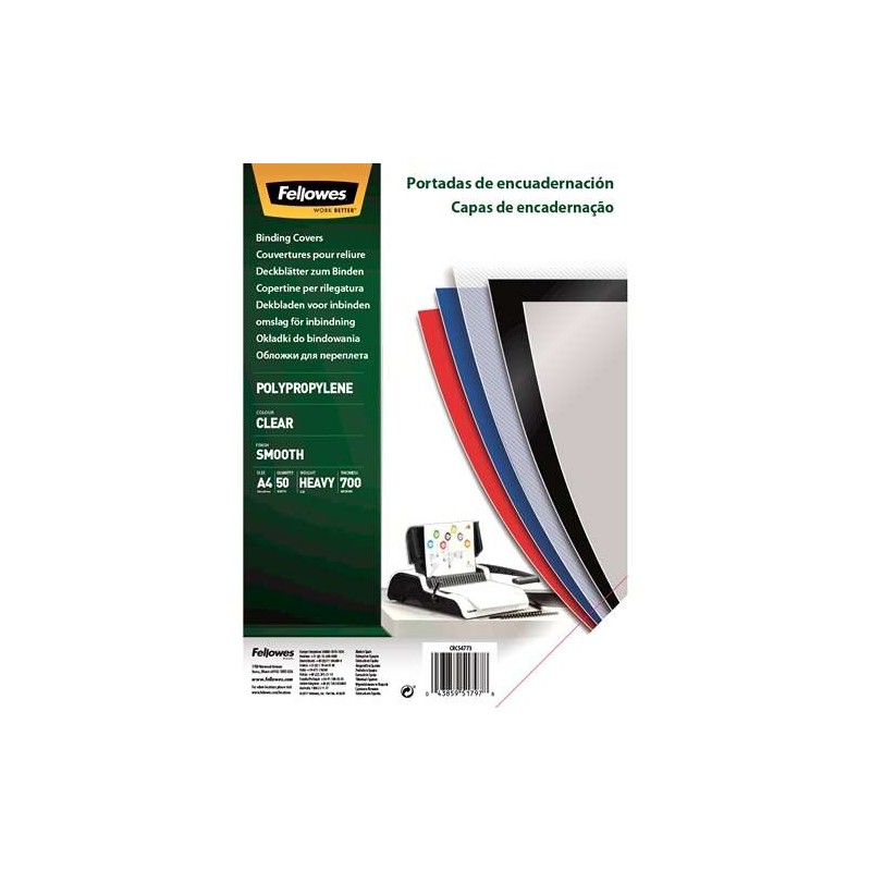 Fellowes Confezione da 50 copertine A4 in polipropilene - 700 Micron - Finitura di qualità - Trasparente