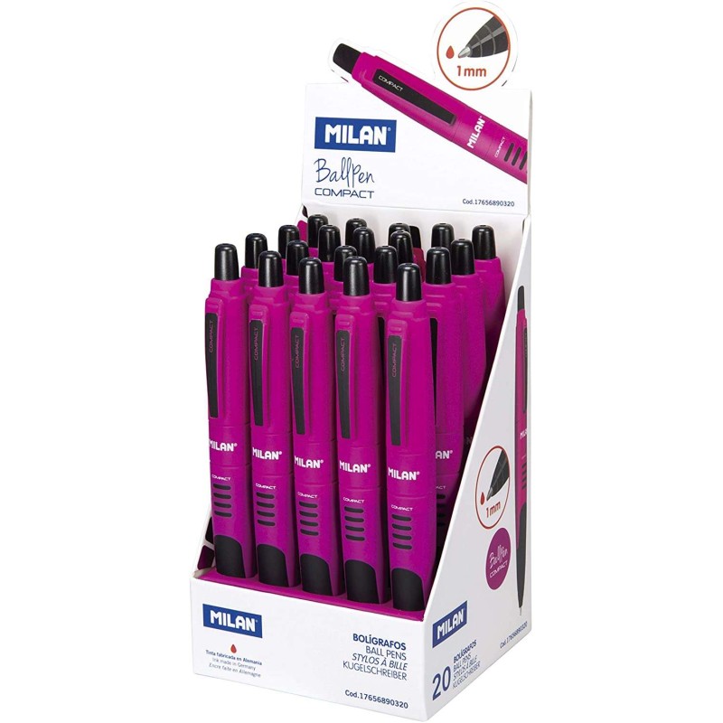 Milan Compact Display da 20 penne a sfera retraibili - Punta tonda 1mm - Fusto viola/nero - Colore rosso