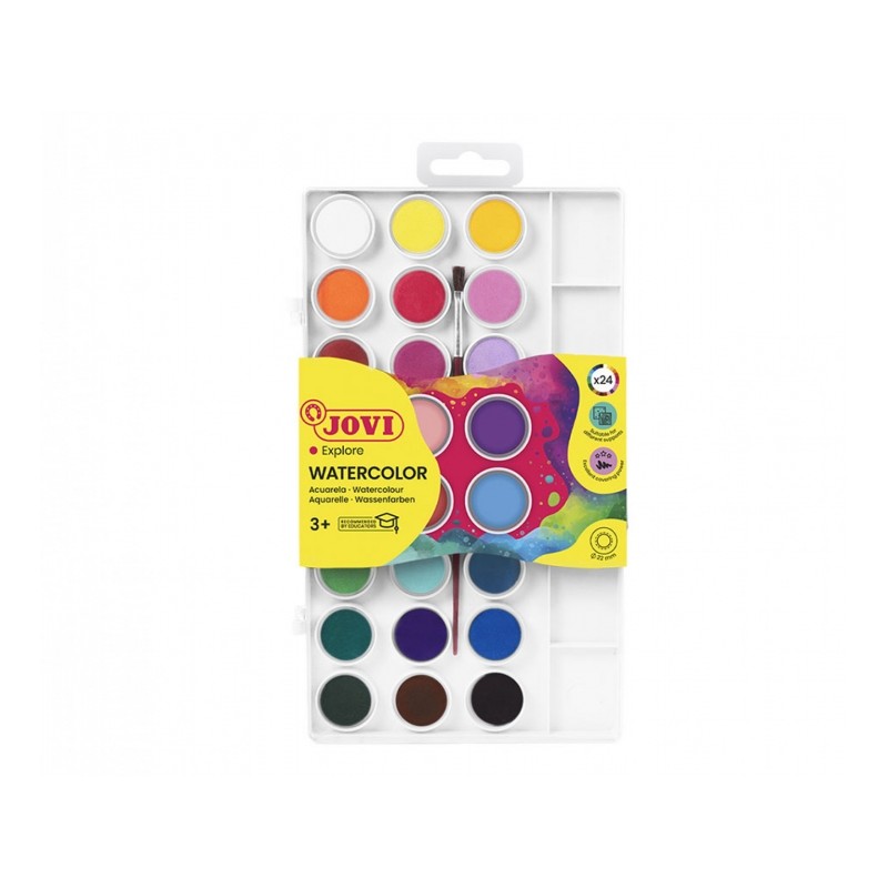 Confezione da 24 pellet di acquerello Jovi da 22 mm + pennello - Lucido - Facile da miscelare - Colori assortiti
