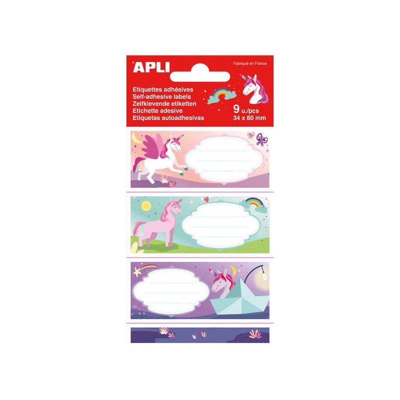 Apli Scuola Adesivi Unicorni - Dimensioni 81x36mm - 9 adesivi (3 per disegno) - Adesivo permanente di alta qualità - Id