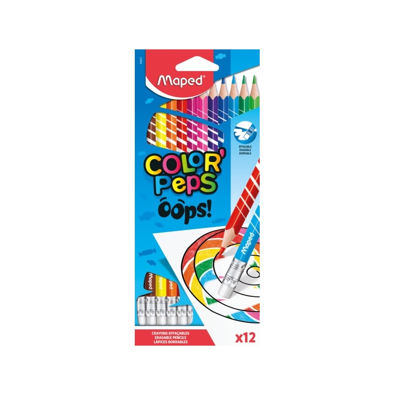 Maped Color'Peps Oops Confezione da 12 matite colorate cancellabili - mina 2.9 mm - con gomma - senza legno - colori ass