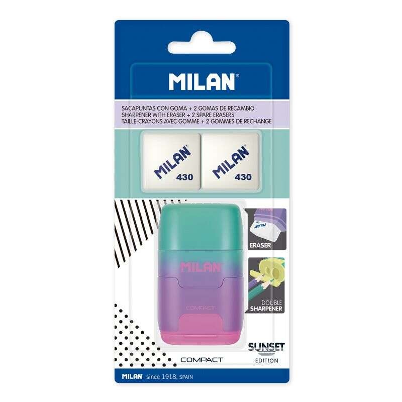 Milan Compact Sunset Afilaborra Compatto con 2 gomme - Doppio temperamatite - Lama di sicurezza - Turchese/Viola/Rosa