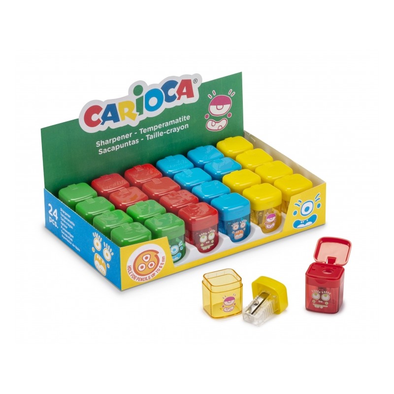 Carioca Display Pack 24 temperamatite colorati con contenitore - 1 foro - Adatto per matite/cerchi triangolari. rotondi 