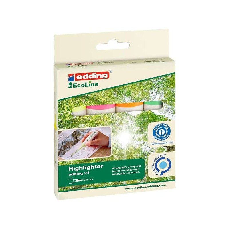 Edding 24 EcoLine Confezione da 4 evidenziatori - Punta smussata - Linea 2-5 mm - Plastica riciclata al 90% - Etichetta 