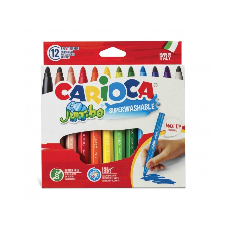 Penna Carioca Jumbo 12 - Fusto ottagonale maxi - Inchiostro superlavabile - Punta maxi bloccata da 6 mm - Cappuccio vent
