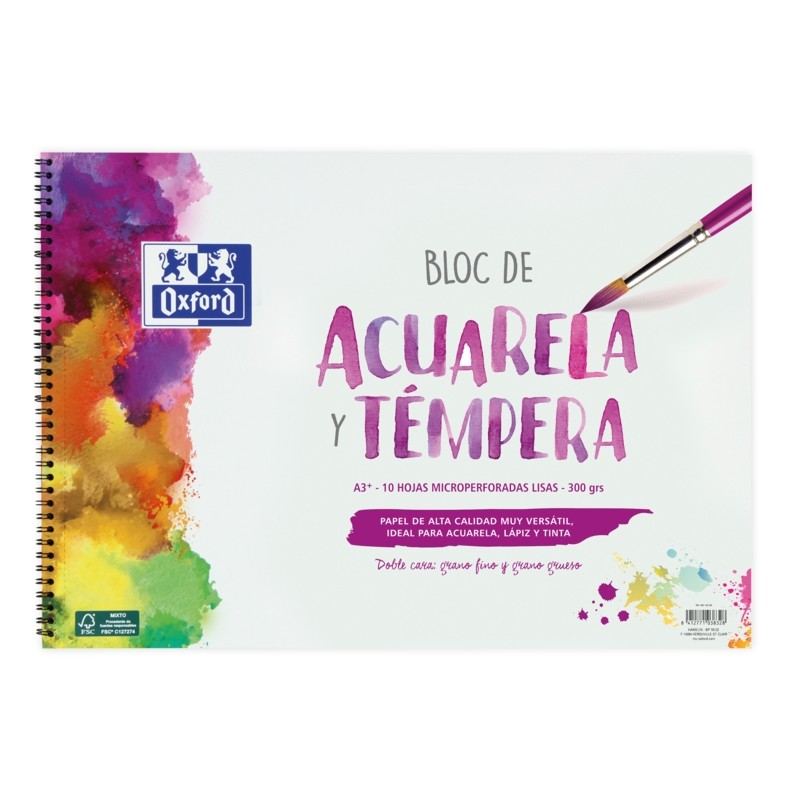 Oxford School Painting Spiral Writing Pad Acquerello e Tempera A3+ - Copertina morbida/Dorso rigido - 10 fogli - 300 gsm