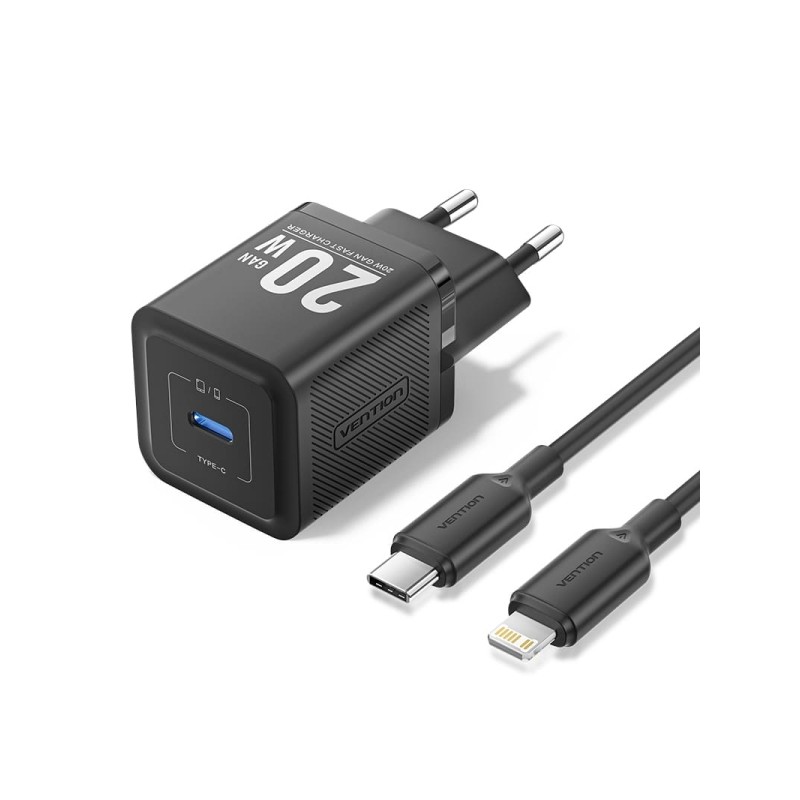 Vention Caricatore da parete GaN USB-C 20W - Cavo da USB-C a Lightning 1m - Nero