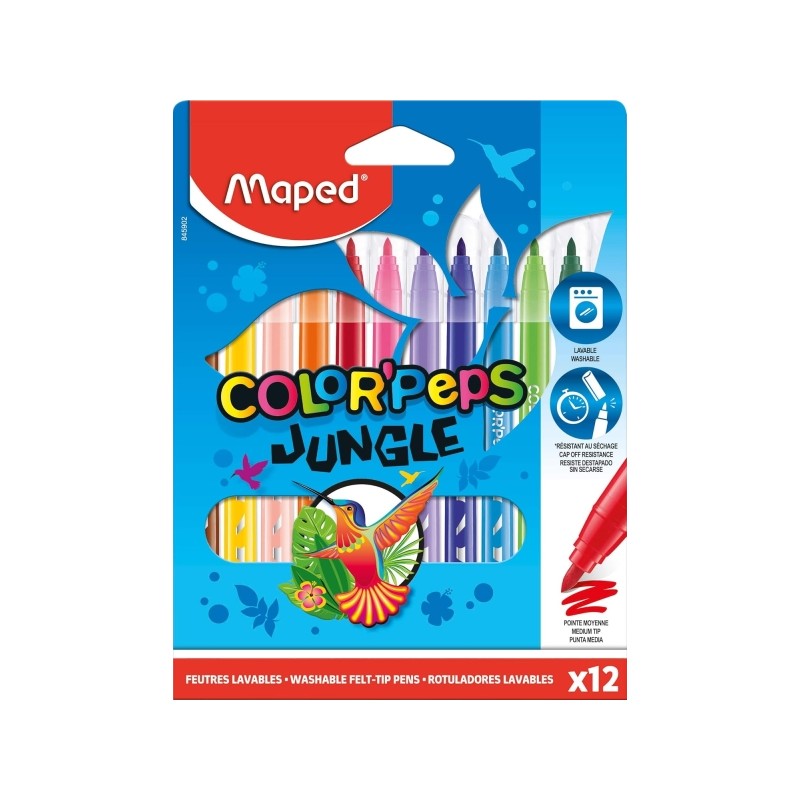 Maped Color'Peps Jungle Confezione da 12 blocchi da 2 mm - Ogivale. morbido e flessibile - Inchiostro lavabile - Colori 