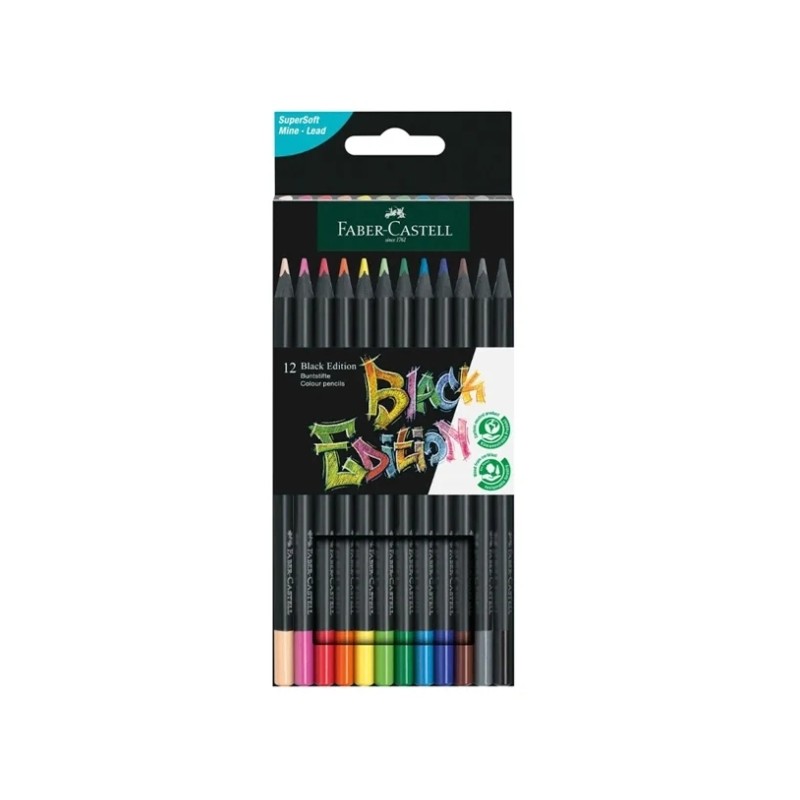 Faber-Castell Black Edition Confezione da 12 matite colorate - mina super morbida - legno nero - ideali per disegnare su