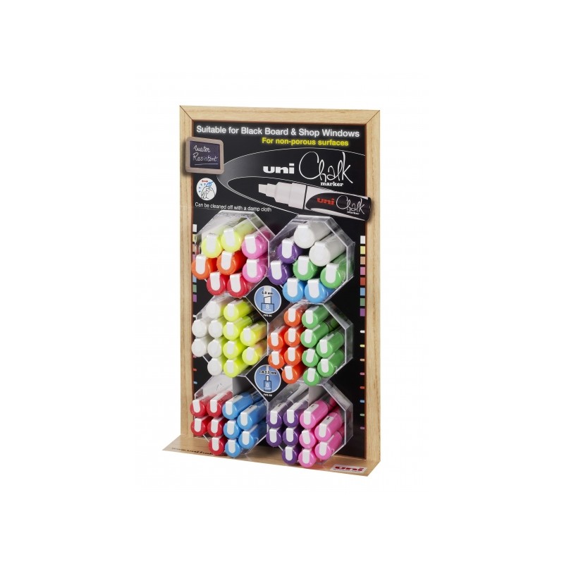 Uni-ball PWE-5M/8K Display da 60 pennarelli a gesso liquido - punta smussata 8 mm - cancellabili a umido - resistenti al
