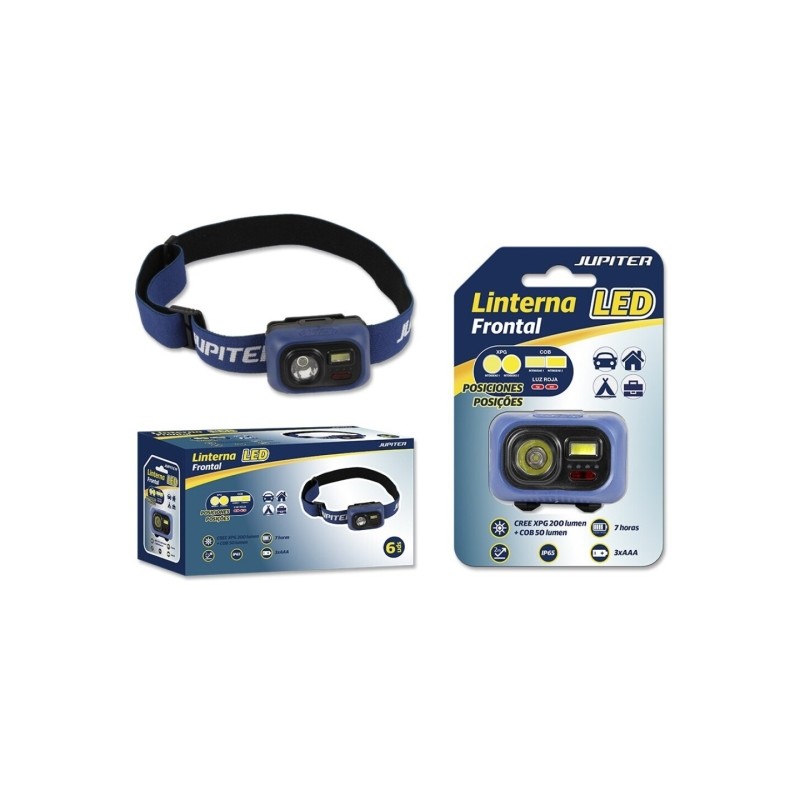Lampada frontale Jupiter LED 200lm + COB 50lm - Resistenza IP65 - Fascia di gomma regolabile - Alimentazione con 3 batte