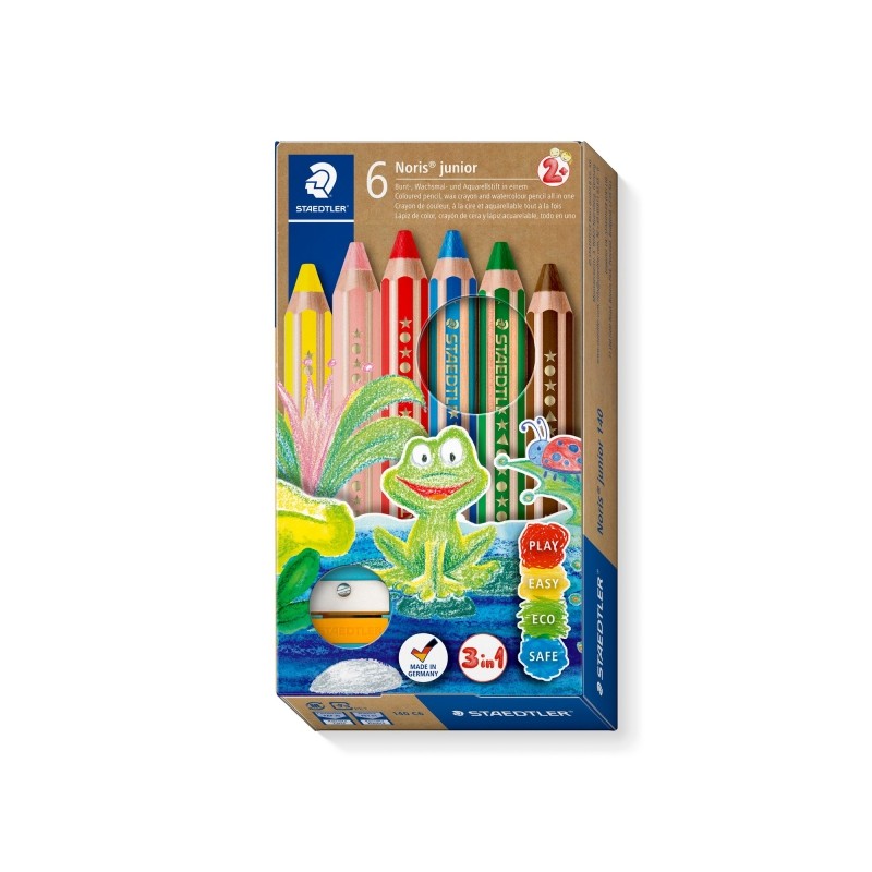Staedtler Noris Junior Confezione da 6 matite colorate extra spesse + temperamatite - 3 in 1. matita. cera e acquerello 