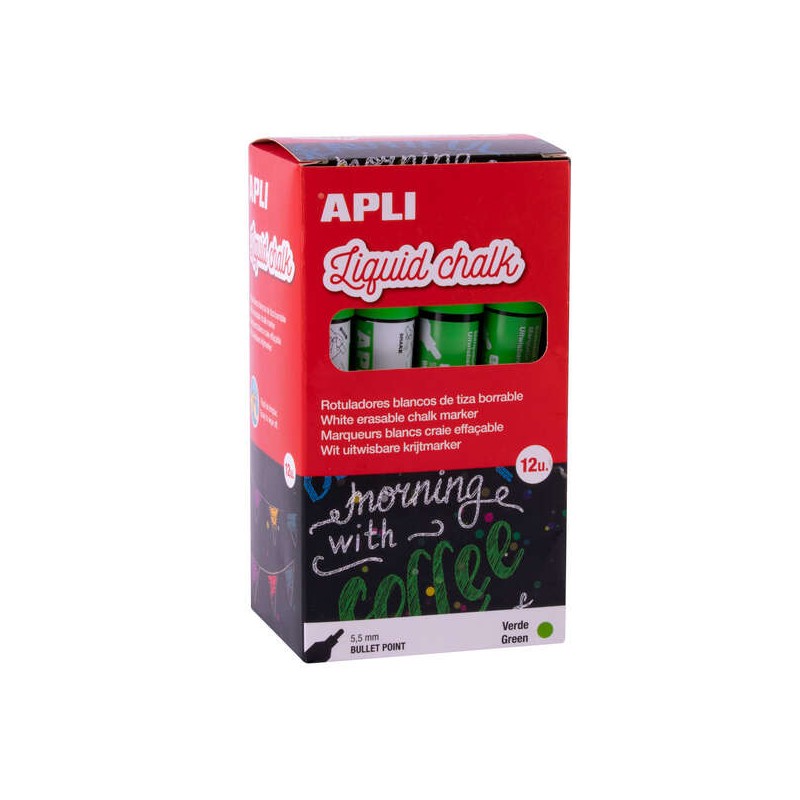 Marcatore a gesso liquido verde Apli - Punta tonda - Ideale per lavagne bianche. plastica. finestre. ceramica. vinile. m