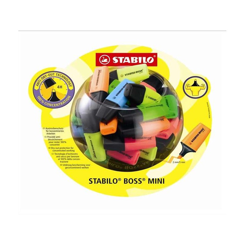 Stabilo Boss Mini Display con 50 pennarelli fluorescenti - Linea da 2 a 5 mm - Inchiostro a base d'acqua - Anti-secco - 