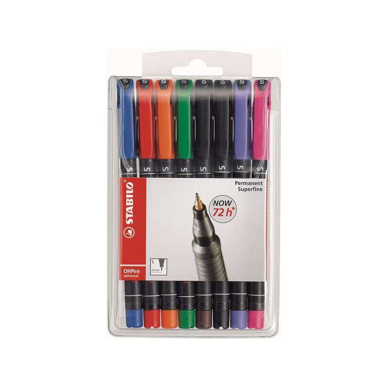 Stabilo OHPen Confezione da 8 pennarelli permanenti - Punta superfine - Linea 0.4 mm - Impugnatura antiscivolo - Cappucc
