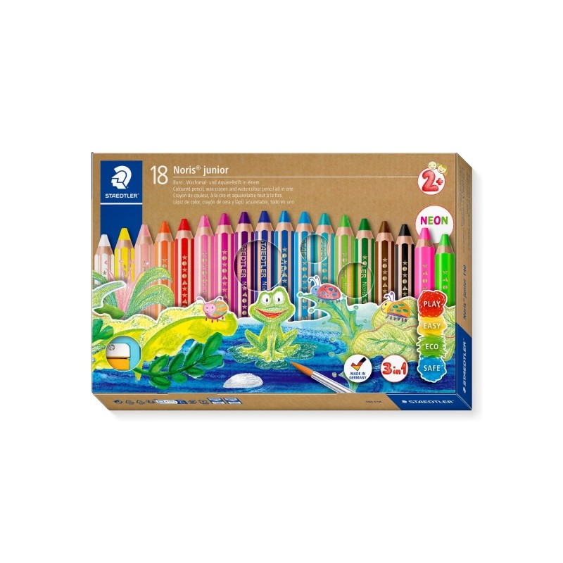 Staedtler Noris Junior Confezione da 18 matite colorate extra spesse + temperamatite + pennello - 3 in 1. matita. cera e