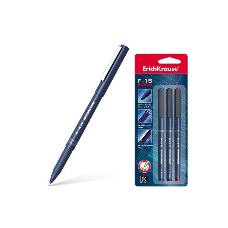 Erichkrause F-15 Confezione da 3 penne a punta fine - tratto 0.6 mm - clip in metallo - colori nero. blu e rosso