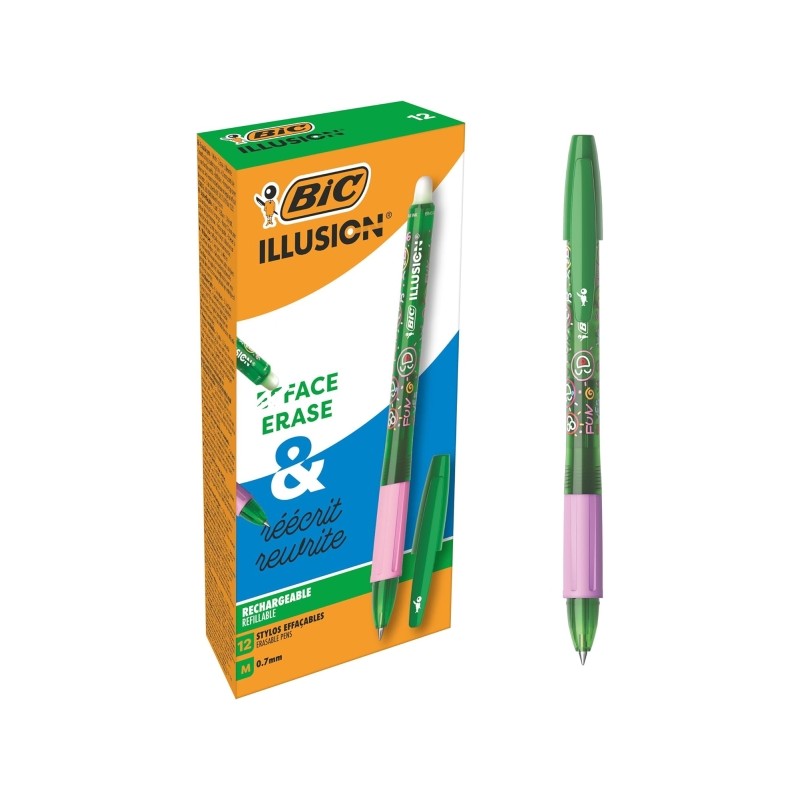 Penna a sfera cancellabile Bic Illusions - Punta media 0.7 mm - Impugnatura in gomma - Ricaricabile - Colore verde