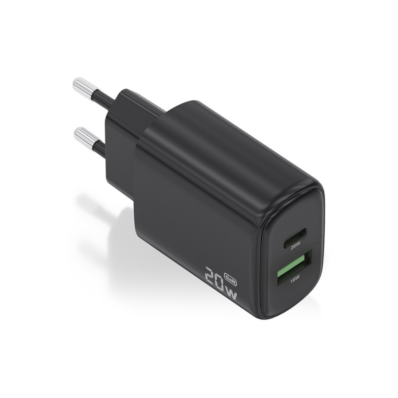 Caricabatterie Aisens GaN 20W - 1xUSB-C PD3.0 - 1xUSB-A QC3.0 - Colore Nero