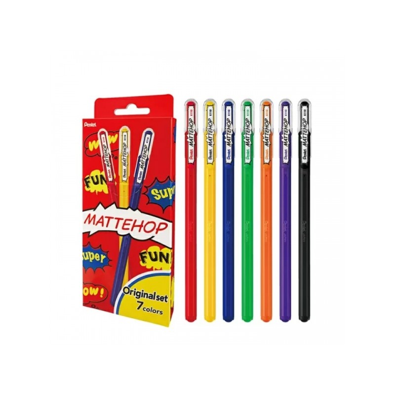 Penna a sfera Pentel Mattehop Original 7 Pack - Punta 1 mm - Tratto 0.5 mm - Inchiostro gel opaco - Realizzata con il 55