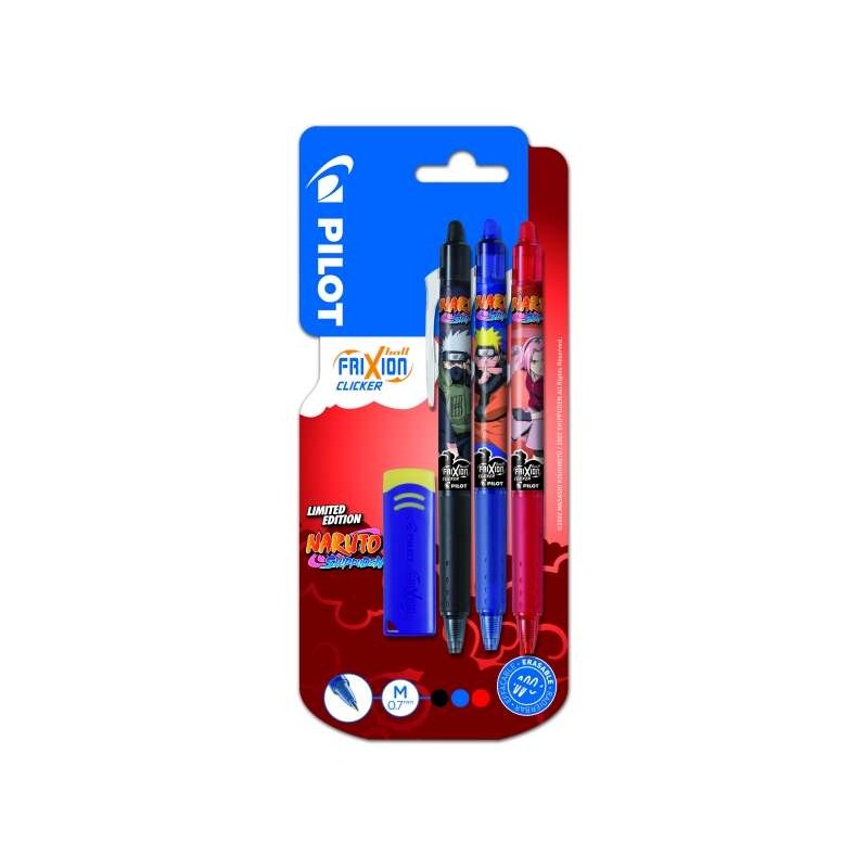 Pilot Frixion Clicker Naruto Shippuden confezione da 3 penne a gel retraibili + gomma - Punta a sfera 0.7 mm - Tratto 0.