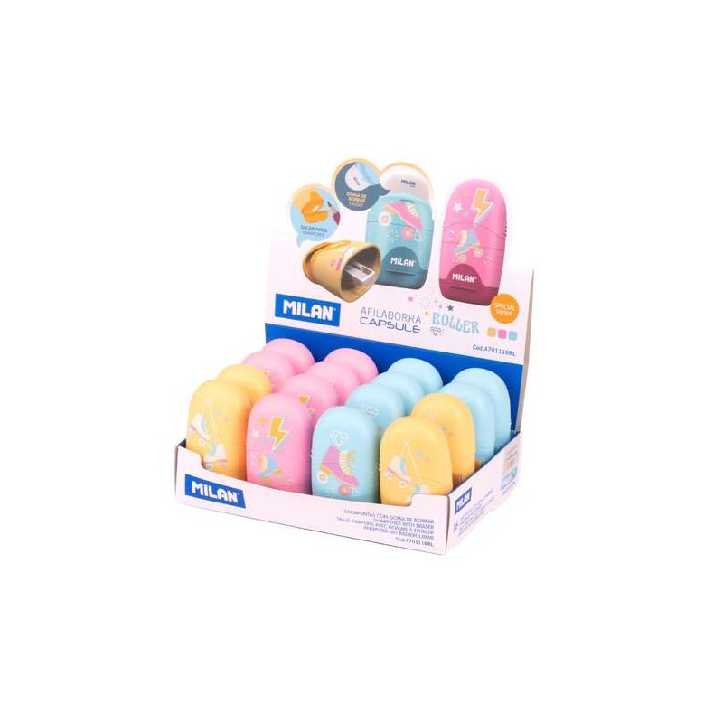 Milano Rullo per capsule Display da 16 affilatori per capsule con gomma - Lama di sicurezza - Colori blu. rosa e giallo