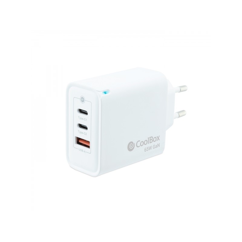 Caricatore da parete Coolbox 65W QC3.0 + PD - USB-A + 2xUSB-C - Ricarica rapida - Tecnologia GaN - Colore bianco