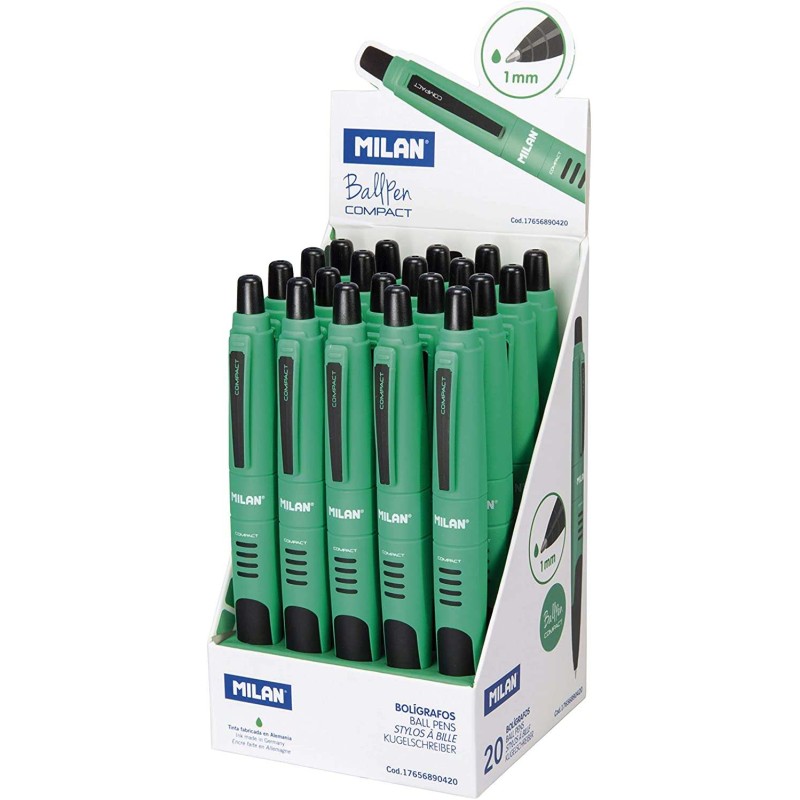 Milan Compact Display da 20 penne a sfera retraibili - Punta tonda 1mm - Fusto verde/nero - Colore verde