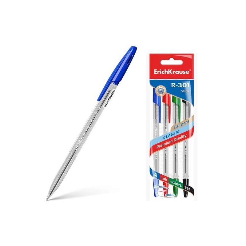Erichkrause R-301 Confezione da 4 penne a sfera - Punta da 1.0 mm - Tratto da 0.5 mm - Inchiostro ad asciugatura rapida 