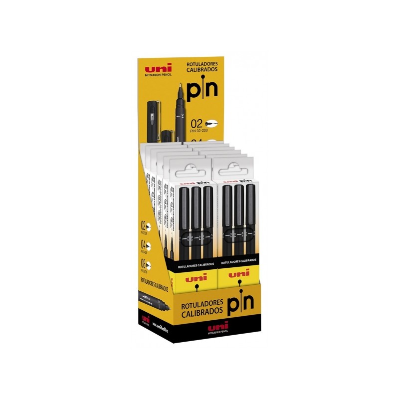 Display Uni-ball Uni Pin con 12 set di 3 penne calibrate 0.2. 0.4. 0.8 - Punta in poliacetale - Inchiostro pigmentato re