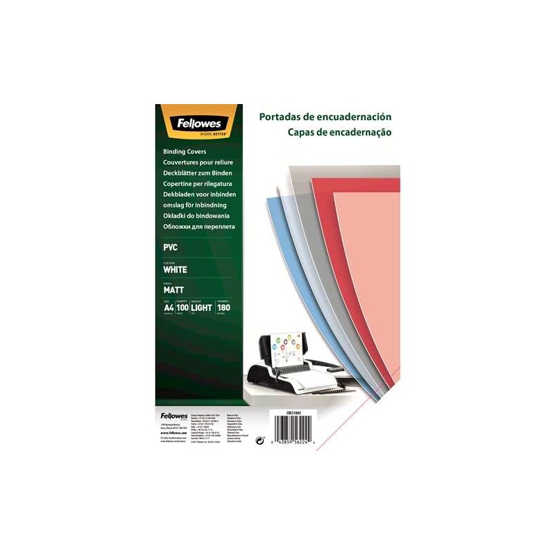 Fellowes Confezione da 100 copertine per rilegatura in PVC A4 - 180 Micron - Alta qualità - Bianco - Confezione da 100 