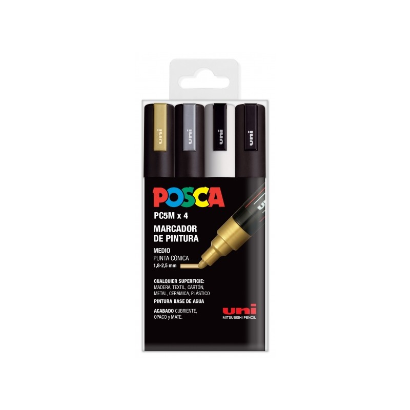 Posca PC-5M Confezione da 4 pennarelli - Punta a proiettile 1.8-2.5 mm - Inchiostro a base d'acqua - Non permanente - Re