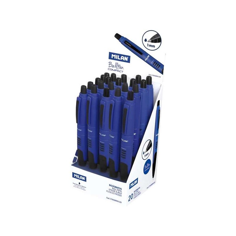 Milan Compact Display da 20 penne a sfera retraibili - Punta tonda 1mm - Fusto blu/nero - Colore blu