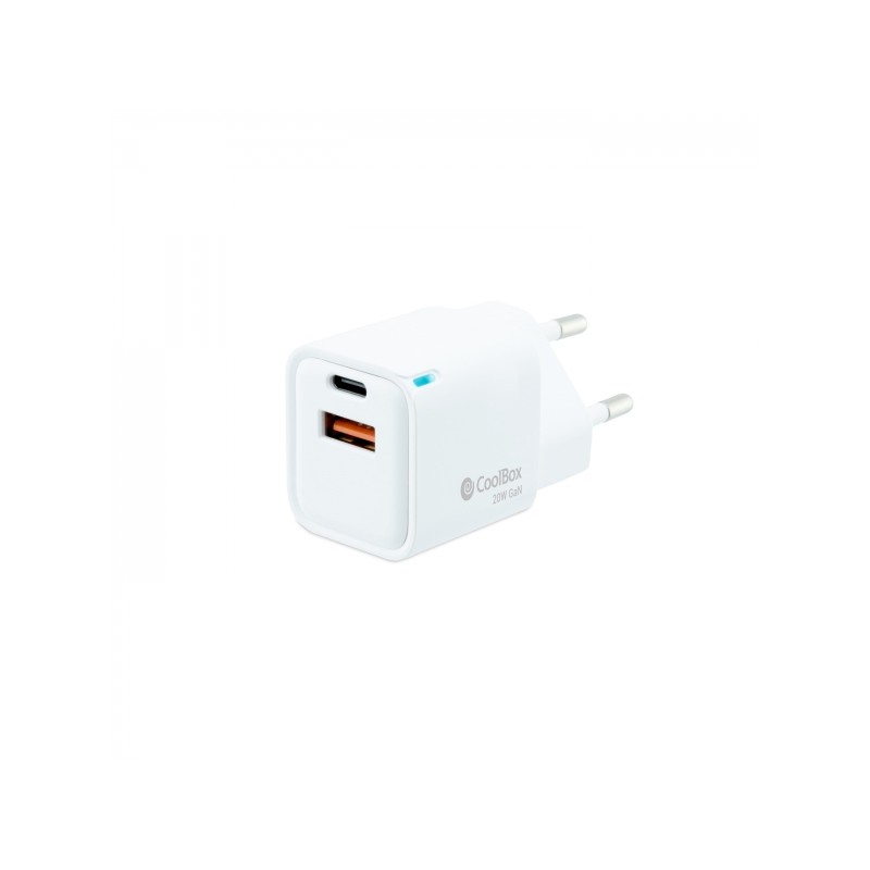 Caricabatterie da parete Coolbox 20W QC3.0 + PD - USB-A + USB-C - Ricarica rapida - Tecnologia GaN - Colore bianco
