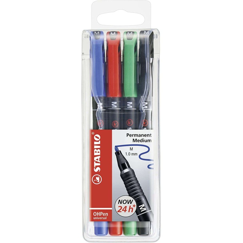 Stabilo OHPen Confezione da 4 pennarelli permanenti - Punta media - Tratto 1 mm - Impugnatura antiscivolo - Cappuccio ve