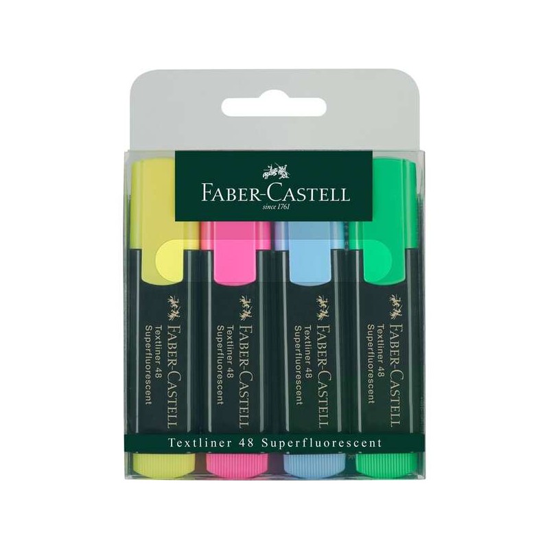 Faber-Castell Textliner 48 Confezione da 4 evidenziatori - Punta smussata - Tratto tra 1.2 mm e 5 mm - Inchiostro a base