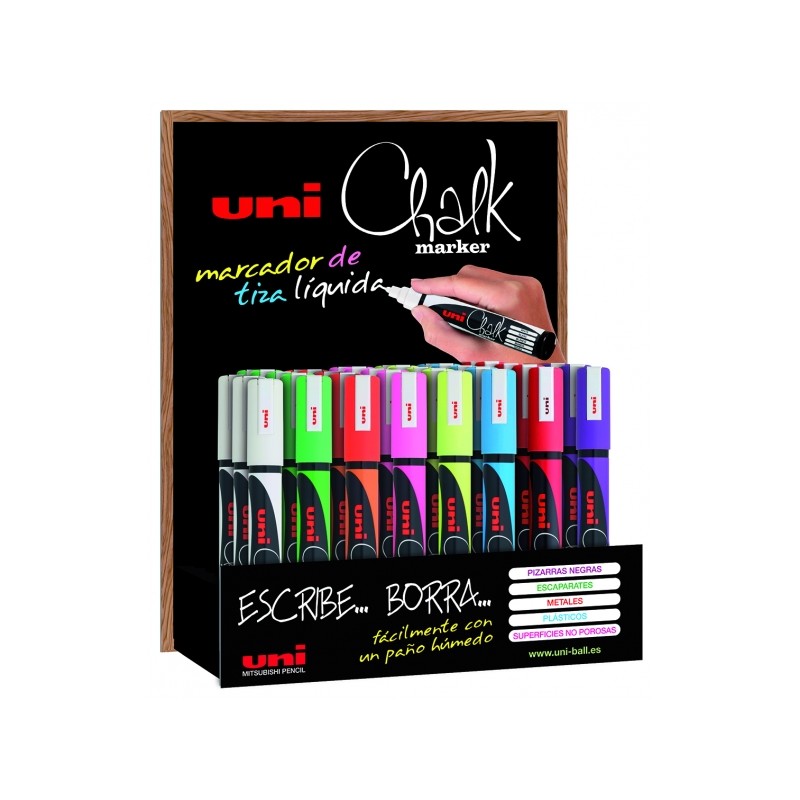 Uni-ball Chalk PWE-5M Display di 36 pennarelli a gesso liquido - Punta conica 1.8-2.5 mm - Cancellazione a umido - Resis