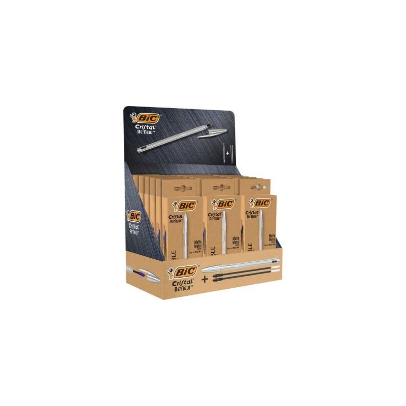 Bic Cristal Re'new Display di 21 penne a sfera con fusto in metallo + 2 ricariche - 15 inchiostro blu e 6 inchiostro ner