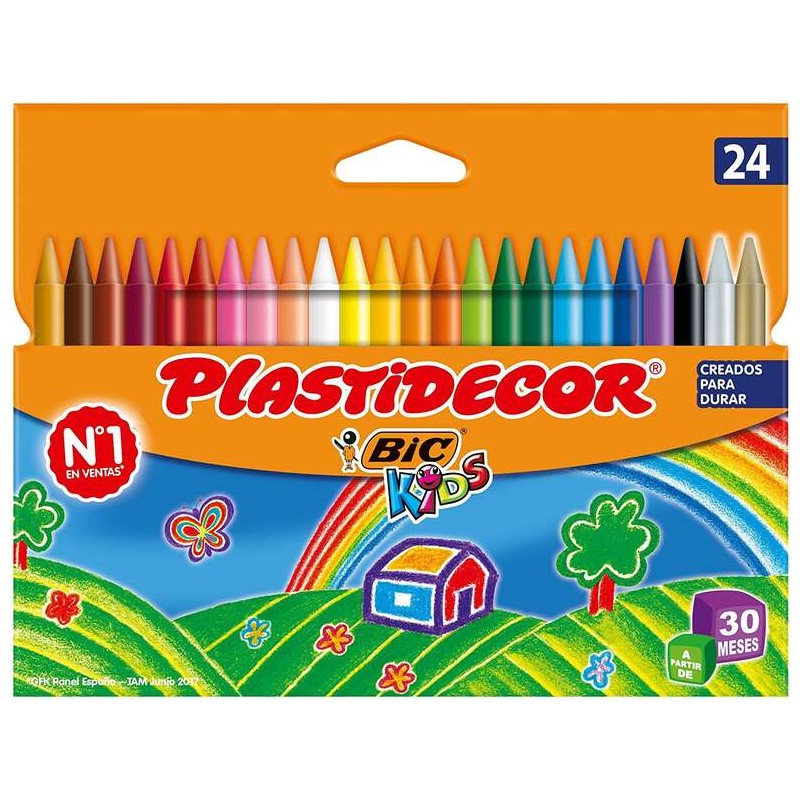 Bic Kids Plastidecor Scatola di 24 matite a cera - Extra-forte - Facile da rimuovere - Non sbavature