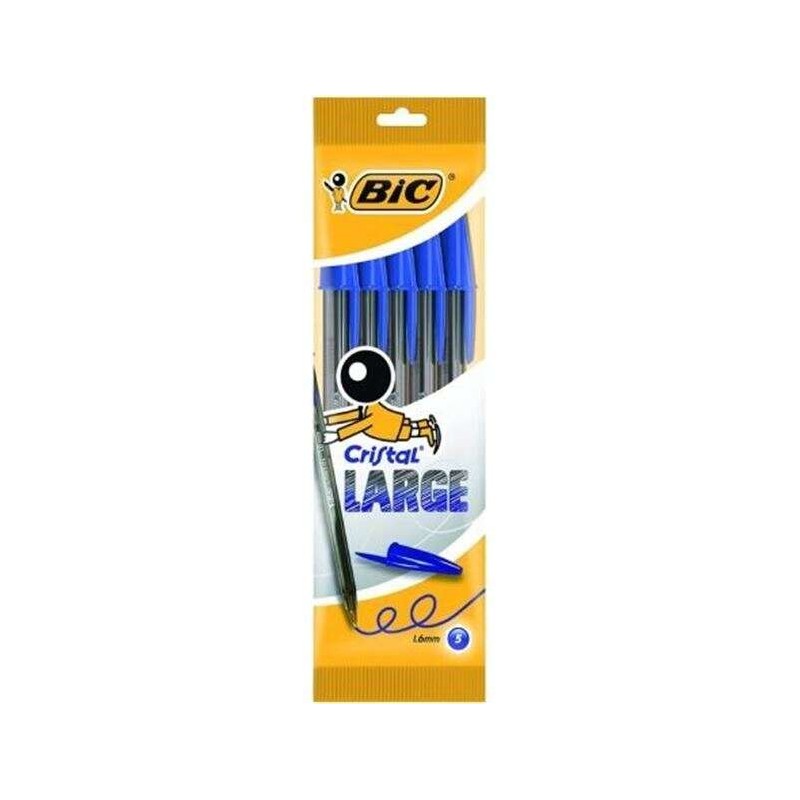Bic Cristal Large Confezione da 5 penne a sfera - Punta tonda da 1.6 mm - Tratto 0.6 mm - Inchiostro a base d'olio - Col