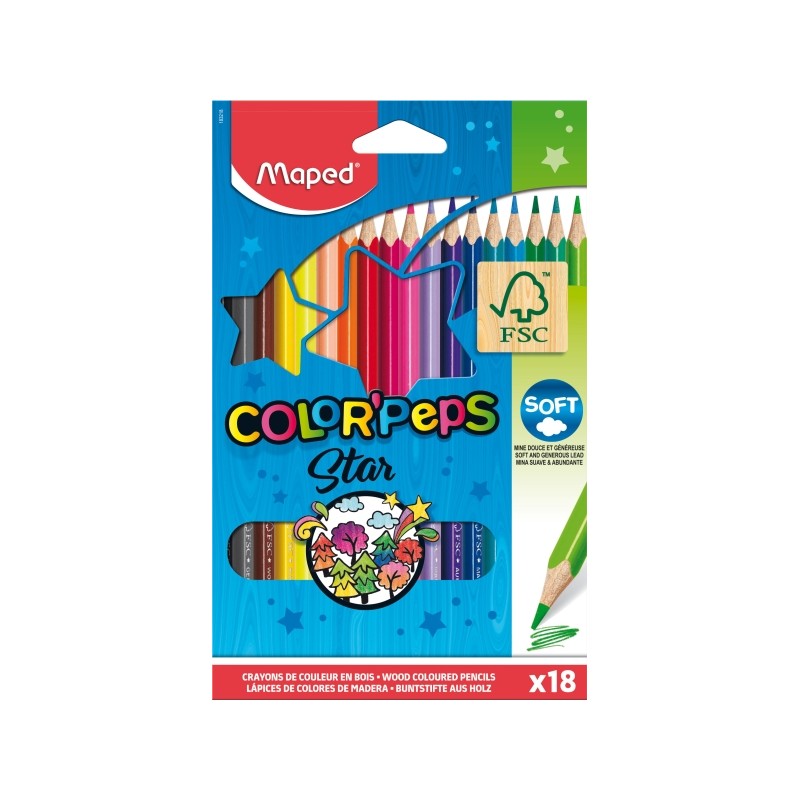 Maped Color'Peps Star confezione da 18 matite colorate triangolari - mina morbida - legno certificato FSC - colori assor